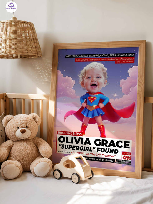 Custom Baby Flying Hero Poster – Personalized Baby Girl Wall Art
